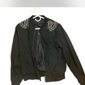 Black Minkpink bomber jacket with white embroidery